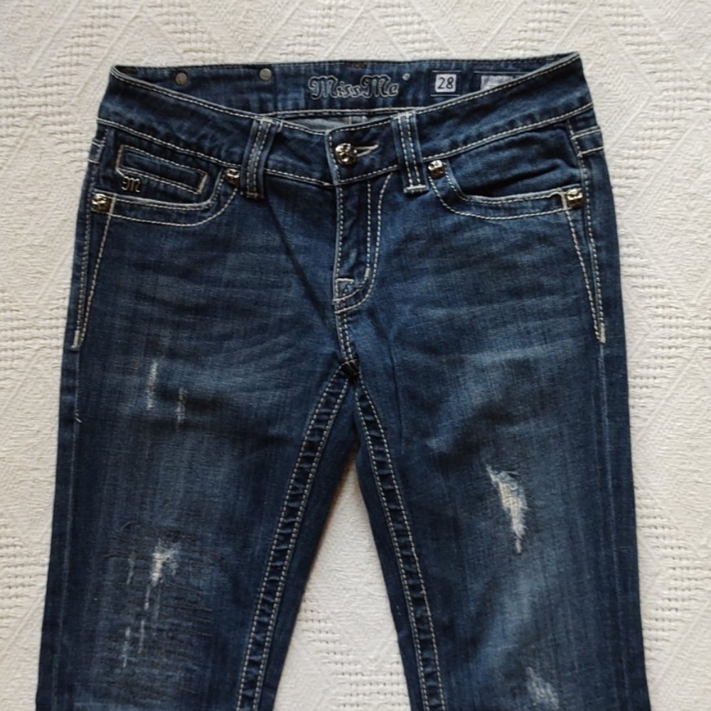 Sz 28R Miss Me Dark Distressed Bootcut Jean - Picture 3 of 8